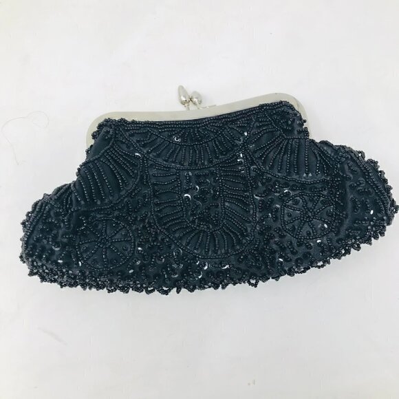 Black Beaded Silver Kisslock Frame Chain Shoulder Evening Bag Purse - Picture 5 of 5